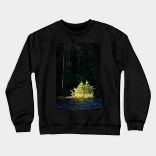 Small lush island in sunlight at lake shore Crewneck Sweatshirt